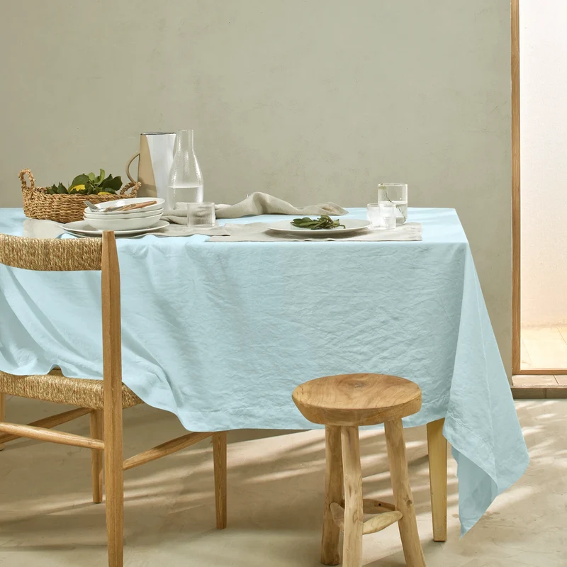 Mantel de mesa rectangular de lino lavado azul glaciar