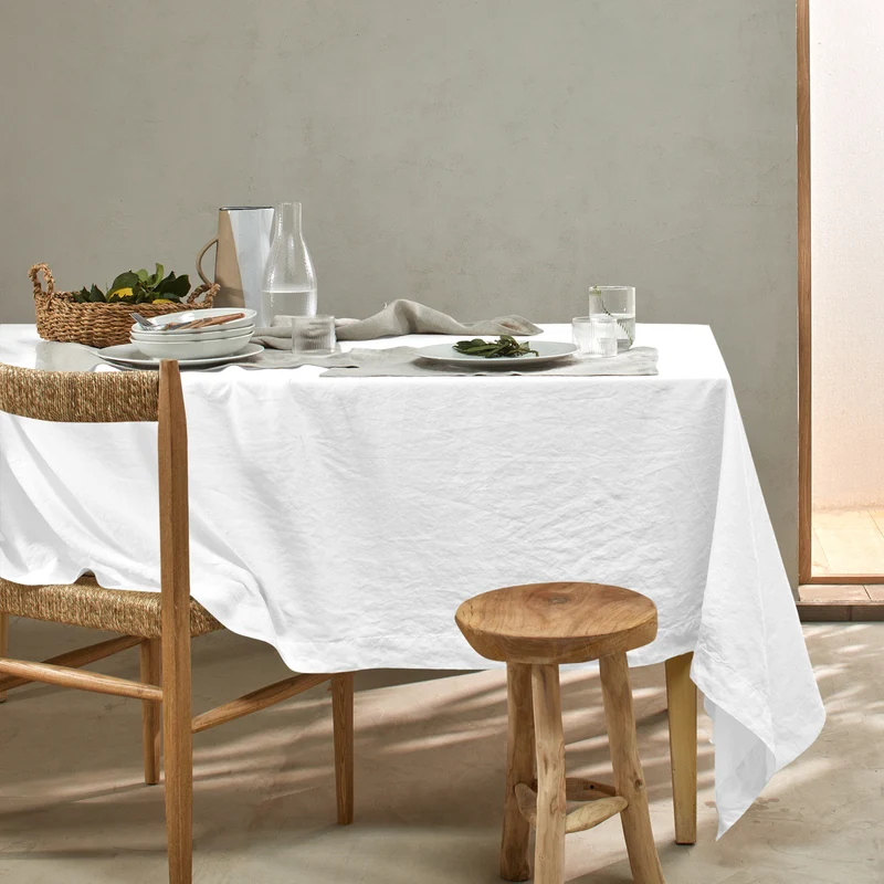 Mantel de mesa rectangular de lino lavado blanco óptico