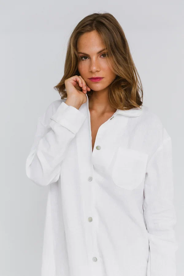 Camisa de noche de manga larga en lino blanco óptico - Mel