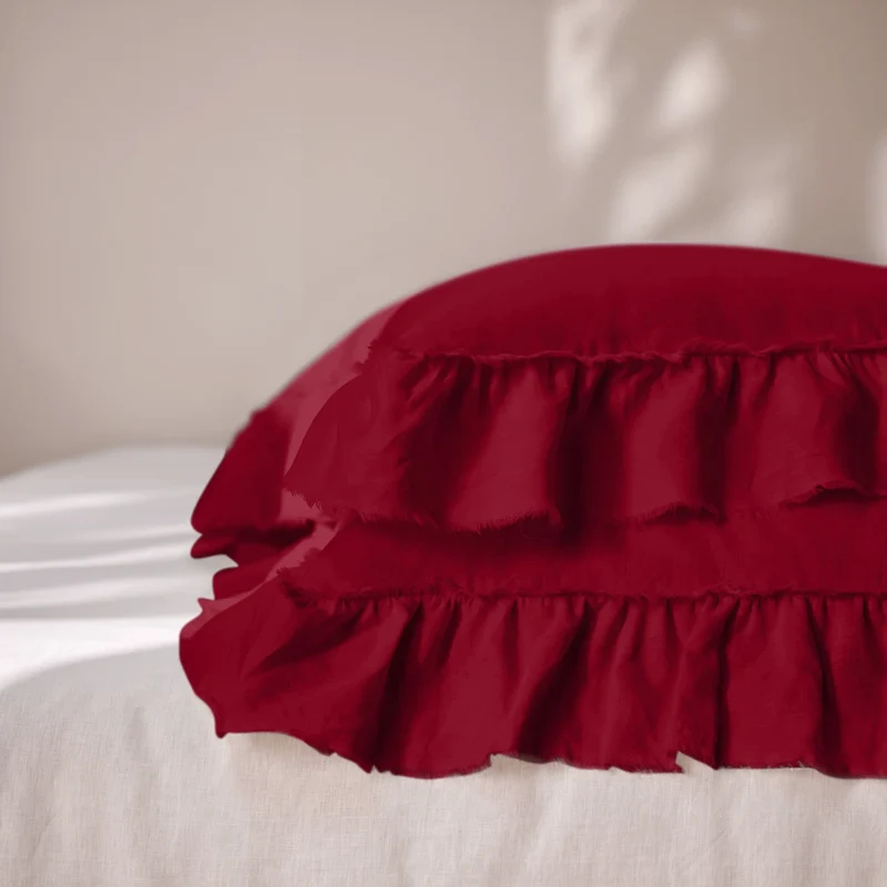 Lote de 2 fundas de almohada con volantes deshilachados de lino burdeos