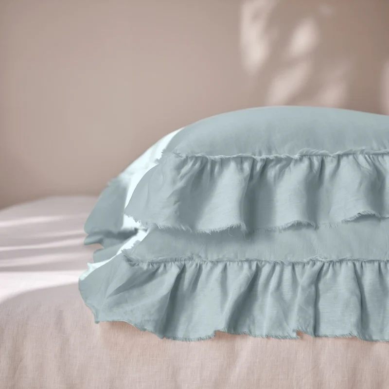 Lote de 2 fundas de almohada con volantes deshilachados de lino azul glaciar