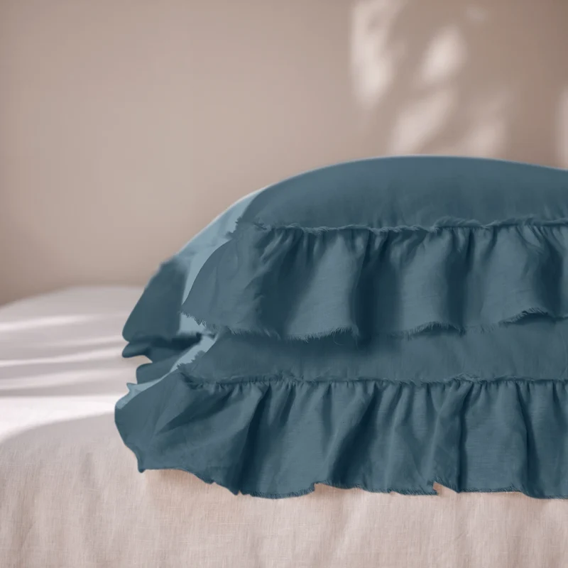 Lote de 2 fundas de almohada con volantes deshilachados de lino azul francés