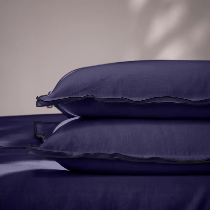 Lote de 2 fundas de almohada con borde tipo bourdon en lino azul noche