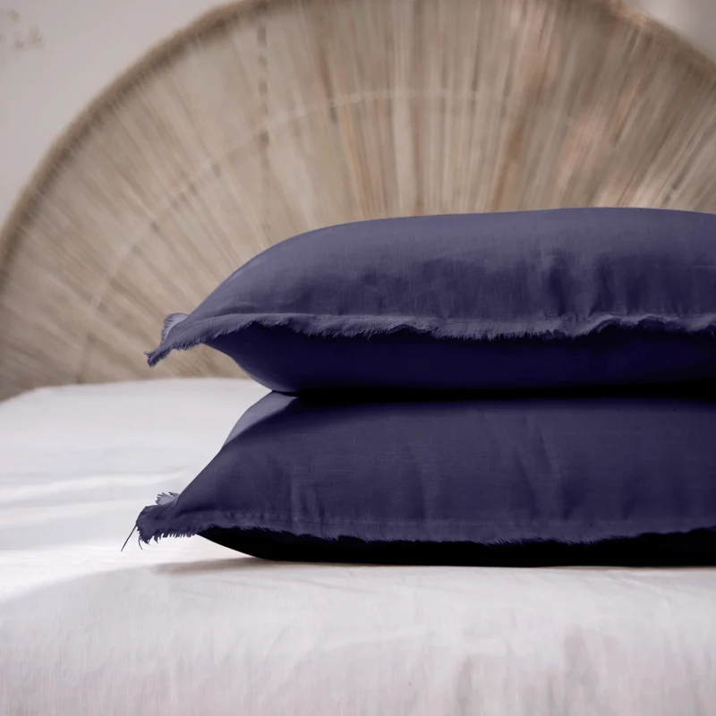 Lote de 2 fundas de almohada con bordes deshilachados de lino azul noche