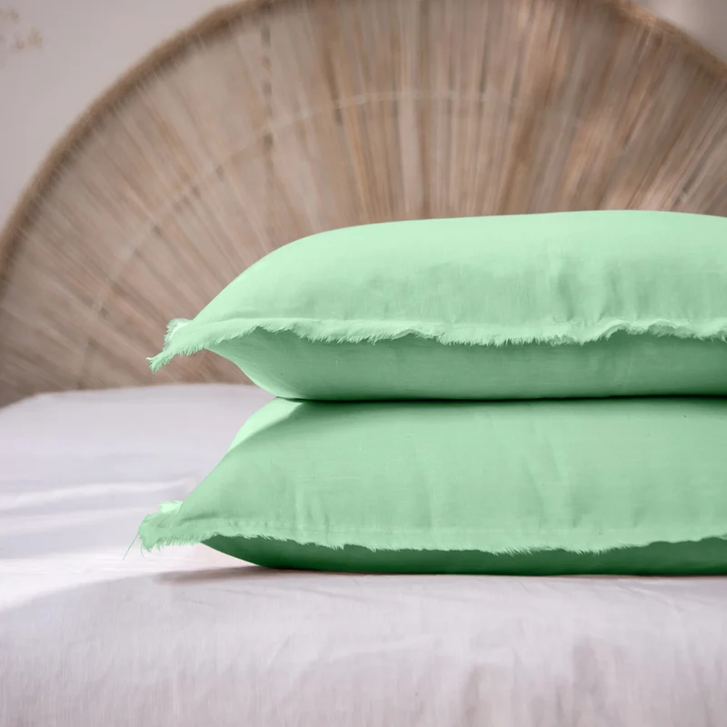 Lote de 2 fundas de almohada con bordes deshilachados de lino verde menta