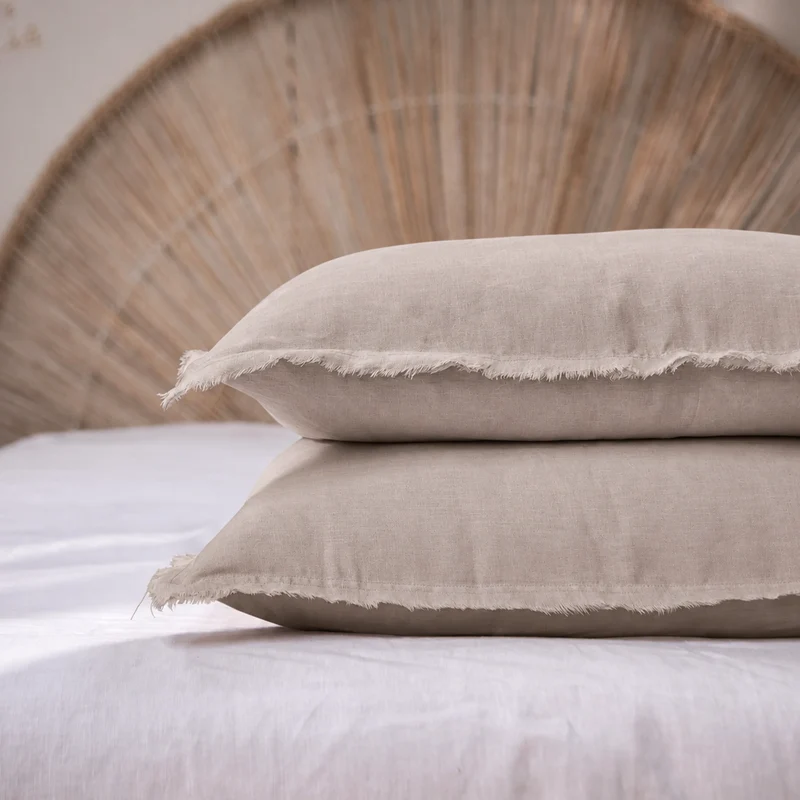 Lote de 2 fundas de almohada con bordes deshilachados de lino natural