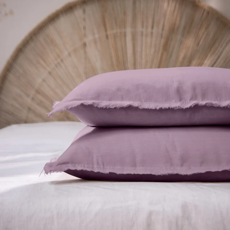 Lote de 2 fundas de almohada con bordes deshilachados de lino lila