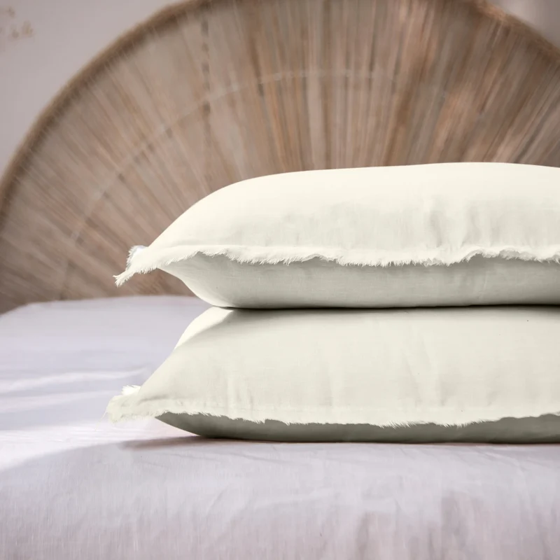 Lote de 2 fundas de almohada con bordes deshilachados de lino marfil