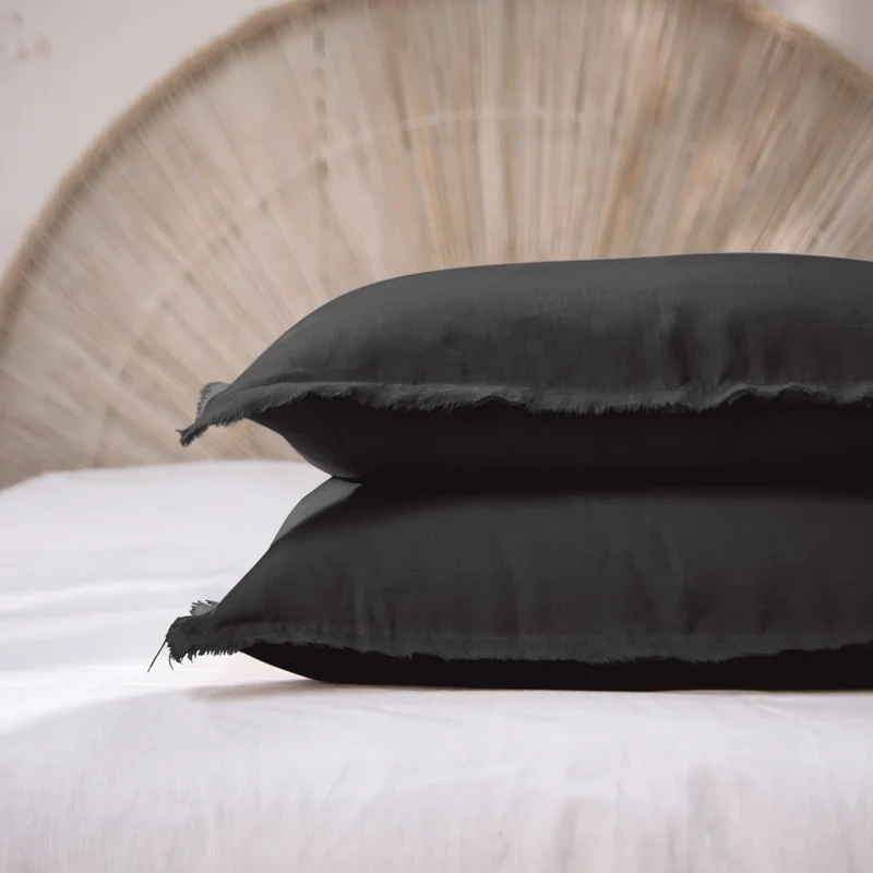 Lote de 2 fundas de almohada con bordes deshilachados de lino tinta negra