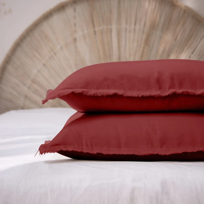 Lote de 2 fundas de almohada con bordes deshilachados de lino ladrillo