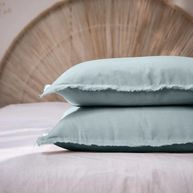 Lote de 2 fundas de almohada con bordes deshilachados de lino azul glaciar