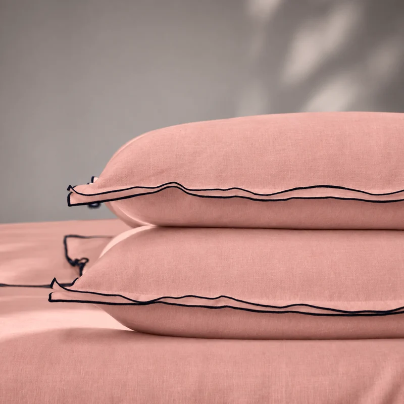 Lote de 2 fundas de almohada con borde tipo bourdon en lino rosa