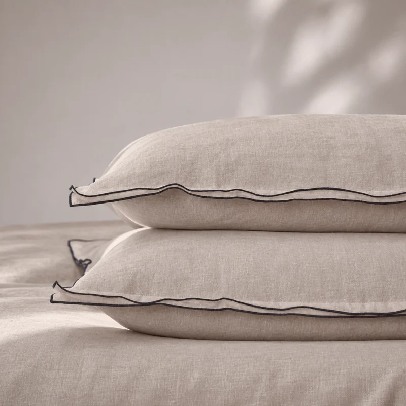 Lote de 2 fundas de almohada con borde tipo bourdon en lino natural
