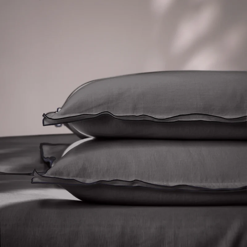 Lote de 2 fundas de almohada con borde tipo bourdon en lino gris plomo