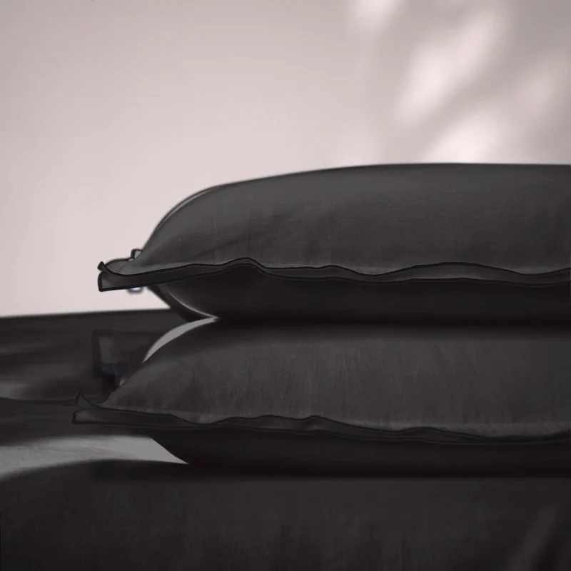 Lote de 2 fundas de almohada con borde tipo bourdon en lino tinta negra
