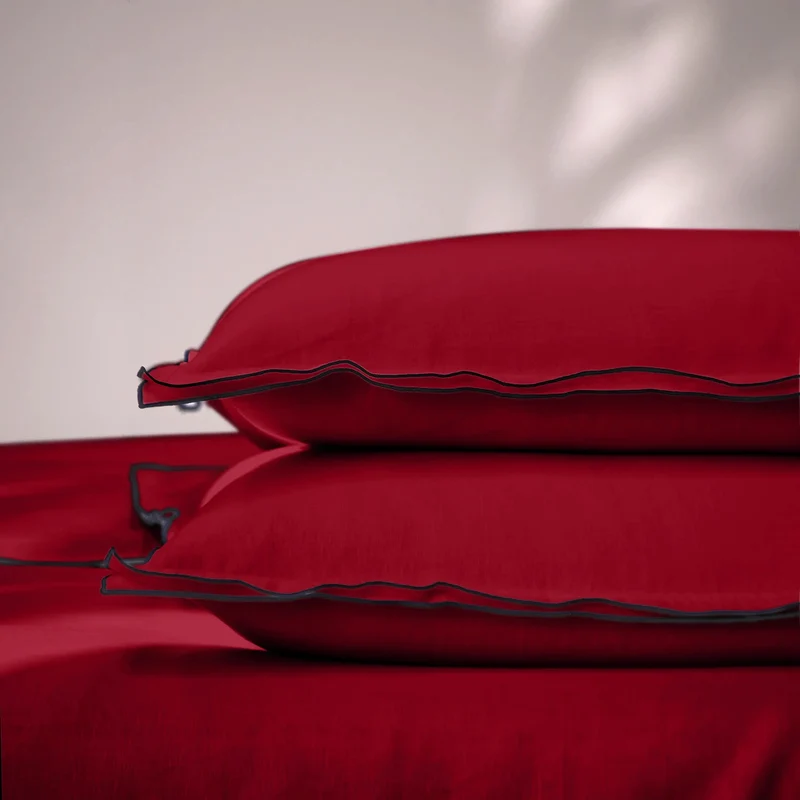 Lote de 2 fundas de almohada con borde tipo bourdon en lino burdeos