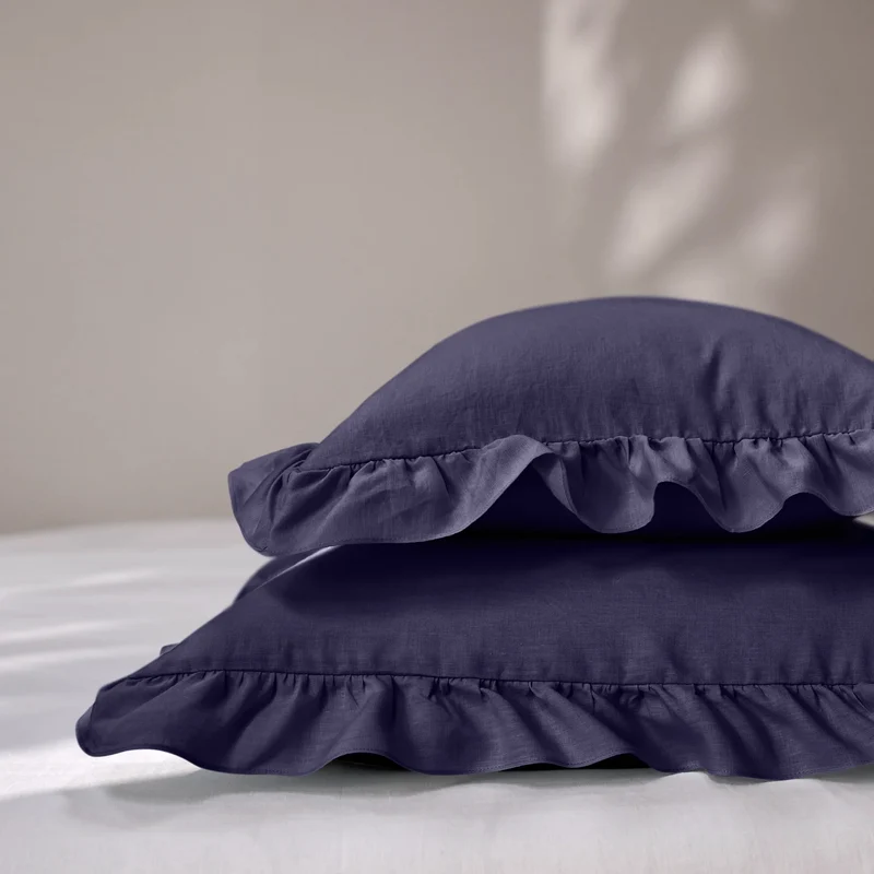 Lote de 2 fundas de almohada con volante de lino azul noche