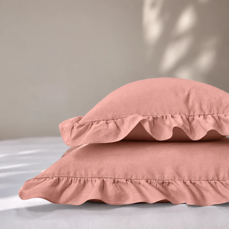 Lote de 2 fundas de almohada con volante de lino rosa