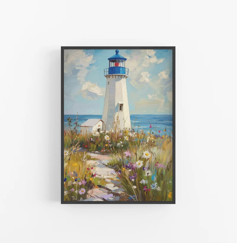 Cuadro Pintura Impresionista Faro Azul Blanco