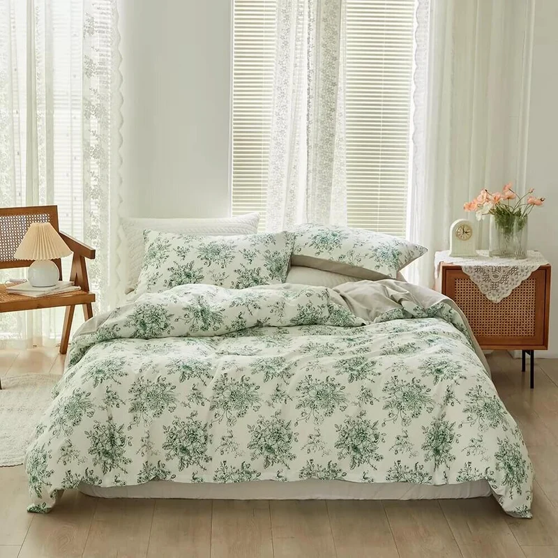 Funda nórdica de flores verdes con estampado reversible, 100% Algodón.