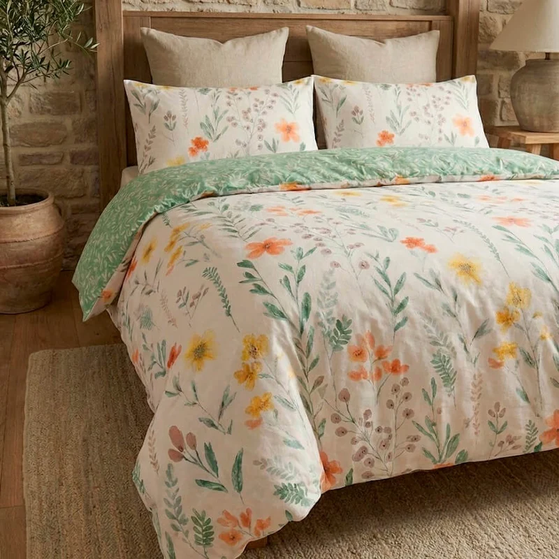 Funda Nórdica de Flores Amarillas y Naranjas 100% algodón 200 hilos - Reversible y cierre cremallera