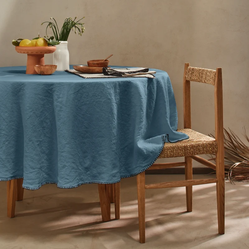 Mantel redondo punto de festón de lino lavado azul francés