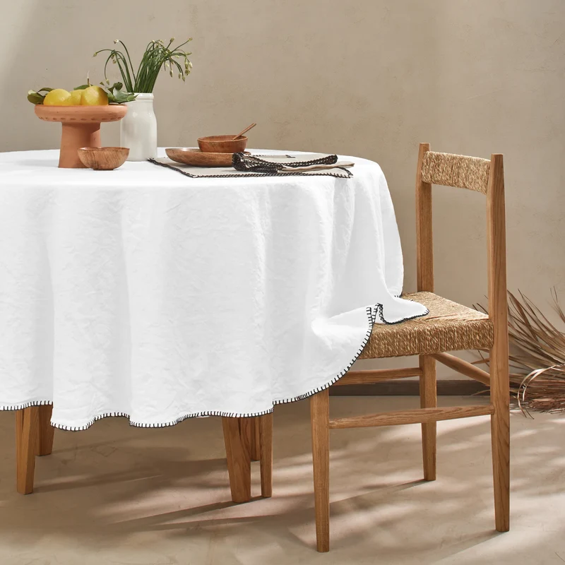 Mantel redondo punto de festón de lino lavado blanco óptico