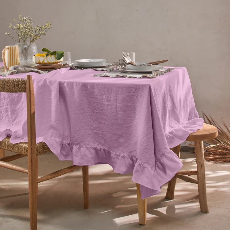 Mantel rectangular con volante en lino lavado lila