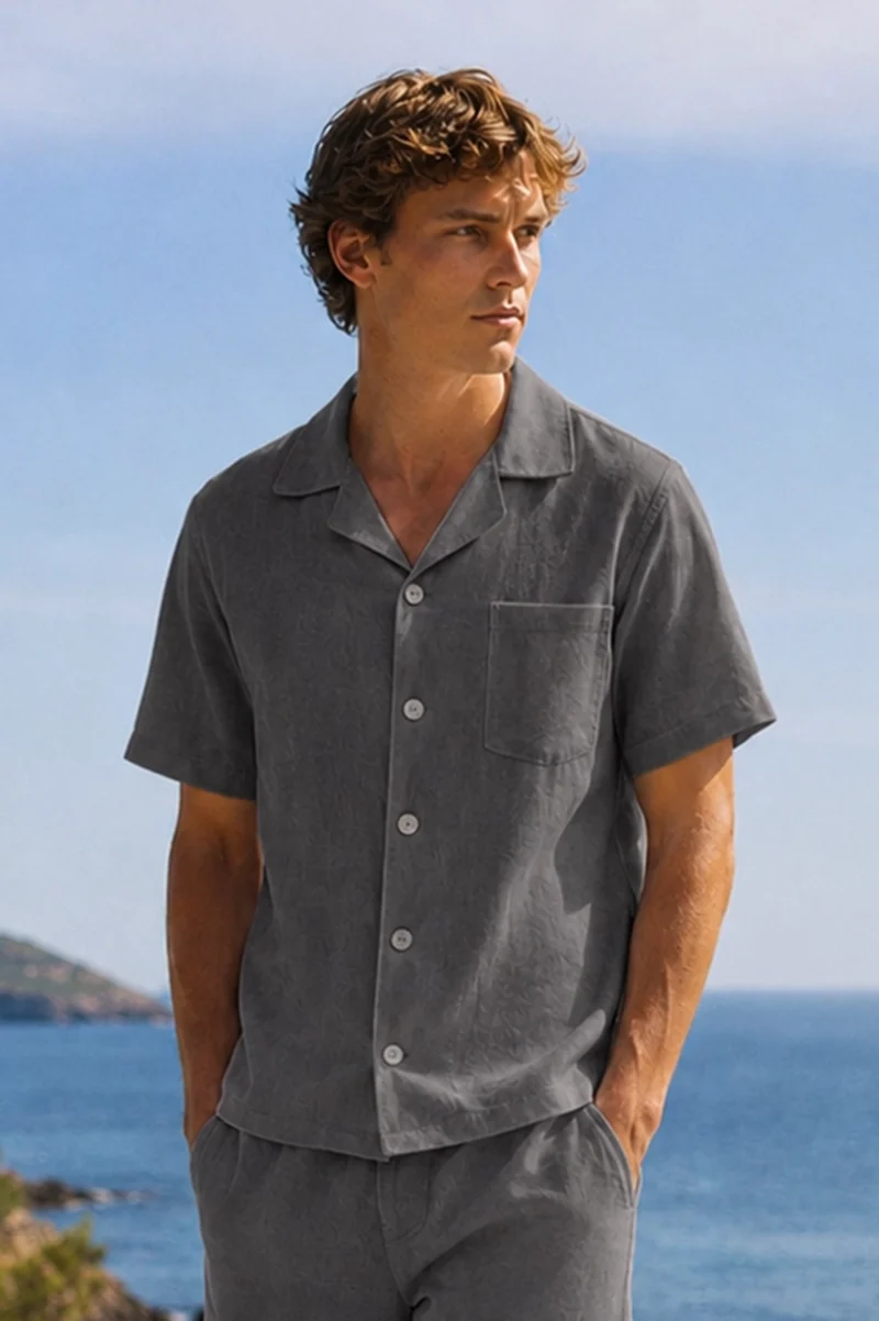 Camisa de pijama para hombre de manga corta en lino gris plomo - Emanuel