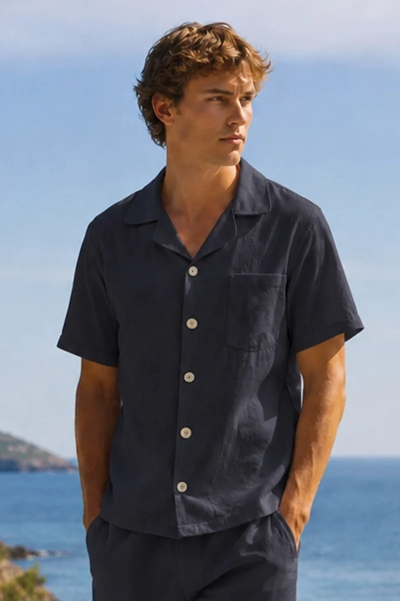 Camisa de pijama para hombre de manga corta en lino tinta negra - Emanuel