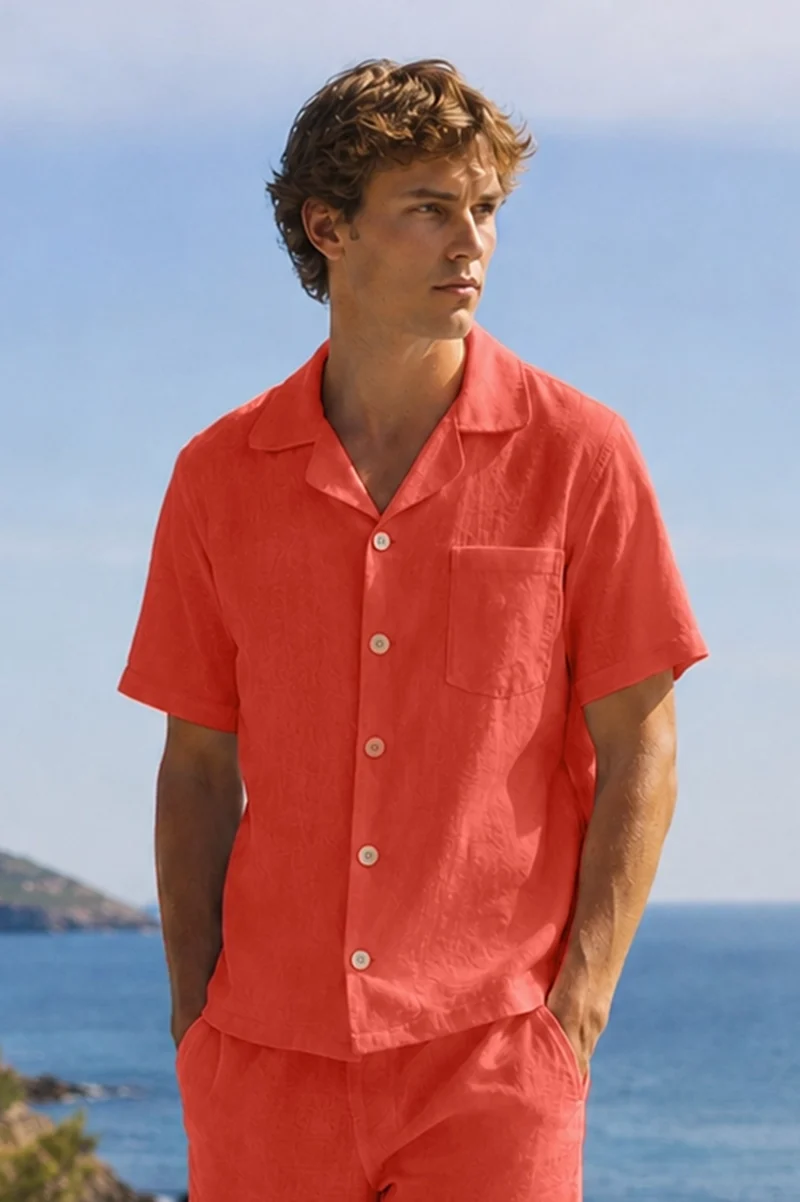 Camisa de pijama para hombre de manga corta en lino coral - Emanuel