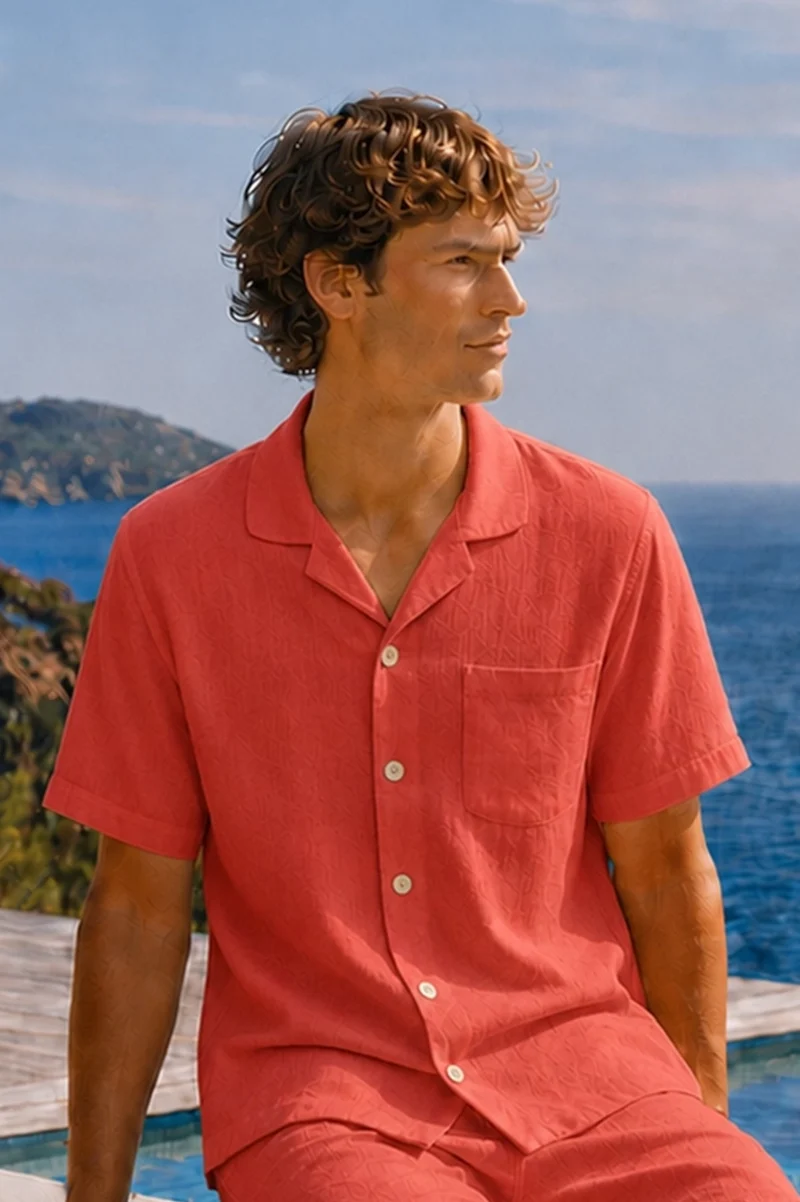 Camisa de pijama para hombre de manga corta en lino coral - Emanuel