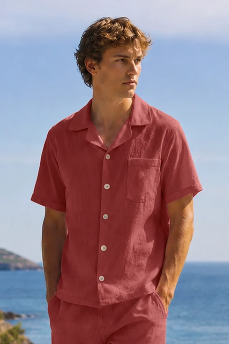 Camisa de pijama para hombre de manga corta en lino ladrillo - Emanuel