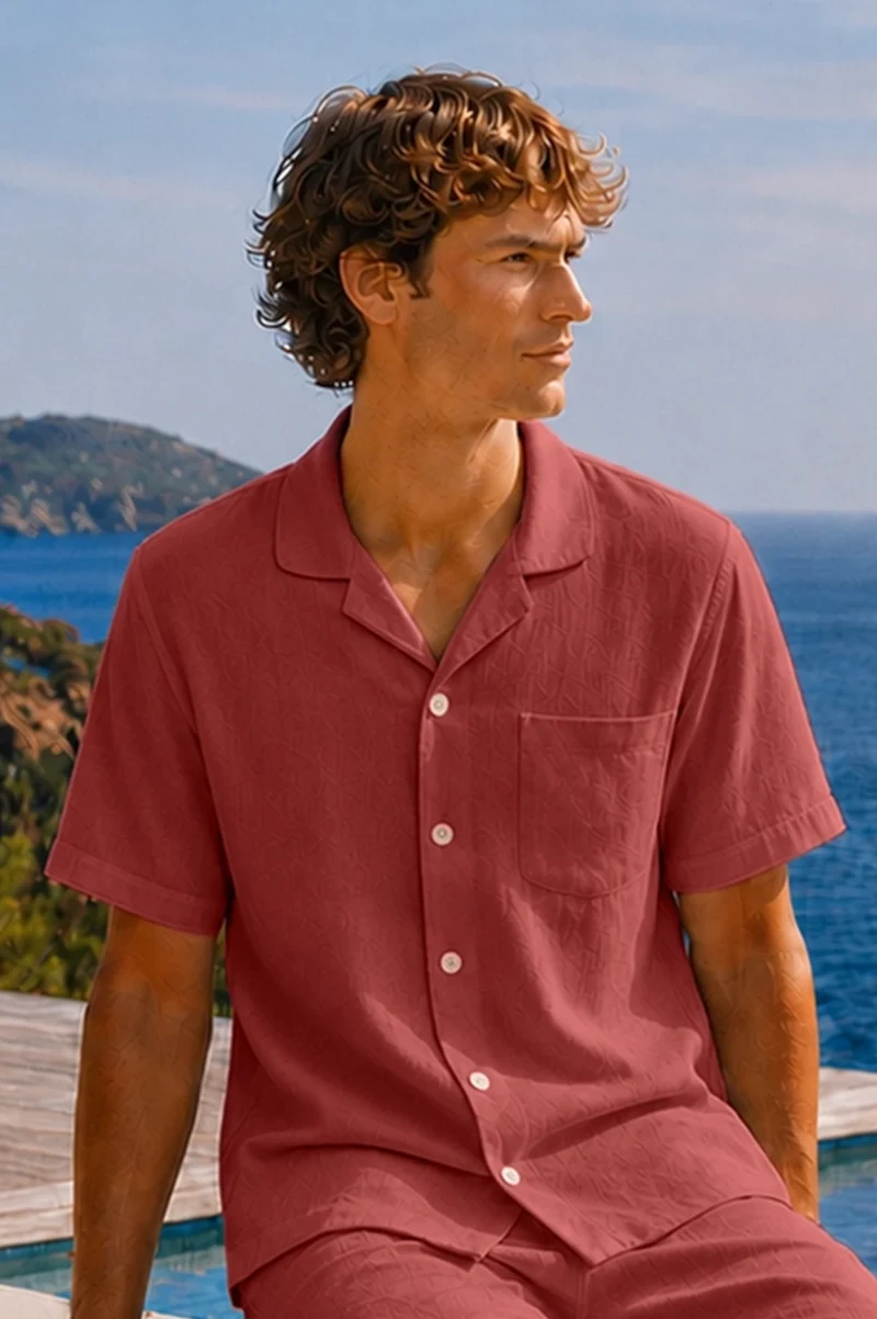 Camisa de pijama para hombre de manga corta en lino ladrillo - Emanuel