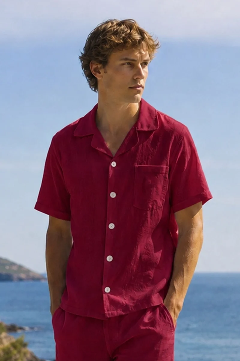 Camisa de pijama para hombre de manga corta en lino burdeos - Emanuel