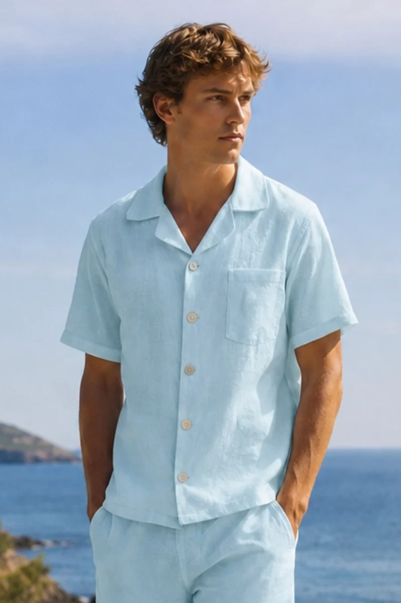 Camisa de pijama para hombre de manga corta en lino azul glaciar - Emanuel