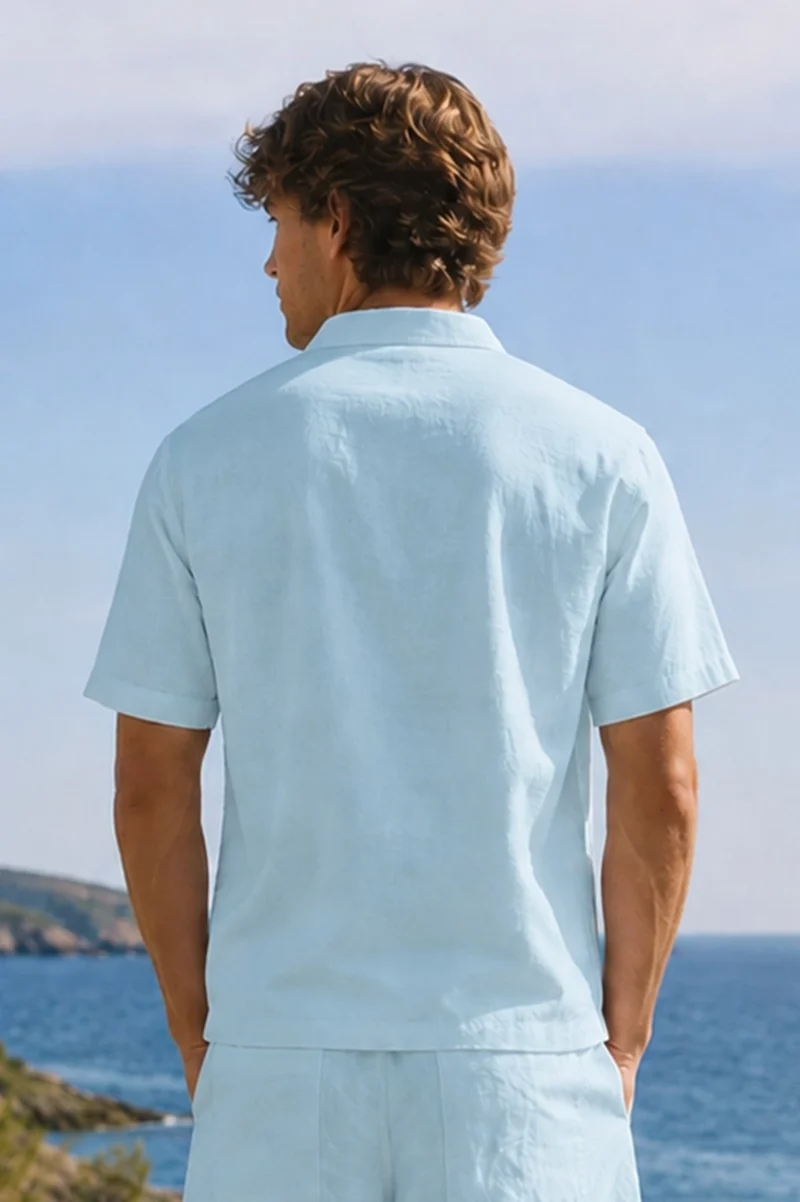 Camisa de pijama para hombre de manga corta en lino azul glaciar - Emanuel