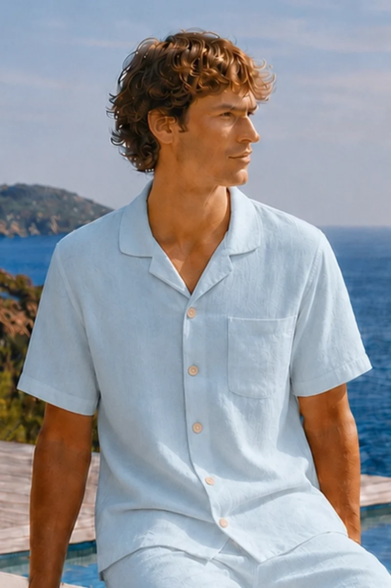 Camisa de pijama para hombre de manga corta en lino azul glaciar - Emanuel