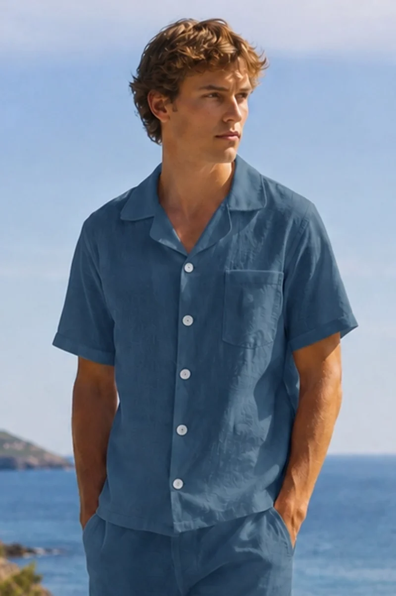 Camisa de pijama para hombre de manga corta en lino azul francés - Emanuel