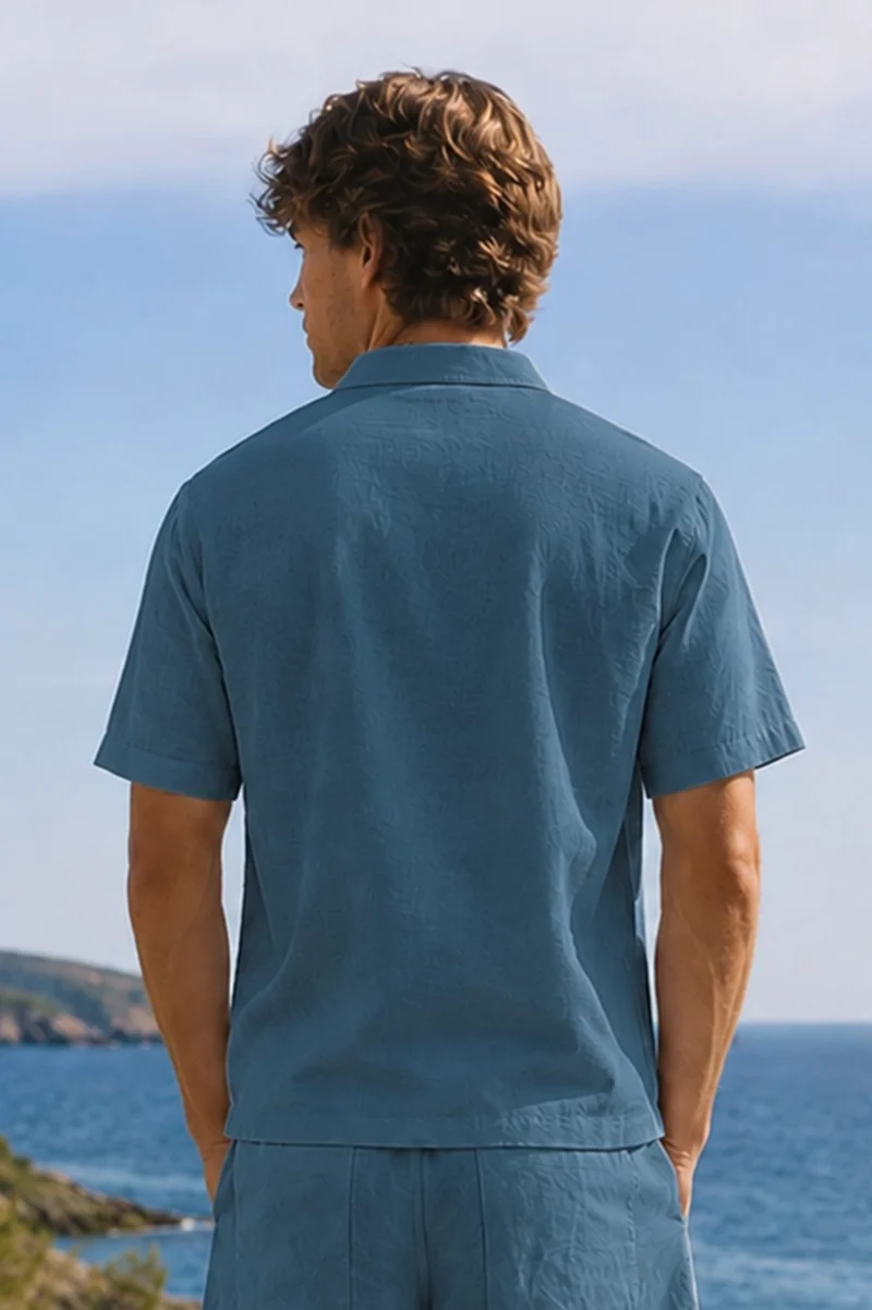Camisa de pijama para hombre de manga corta en lino azul francés - Emanuel