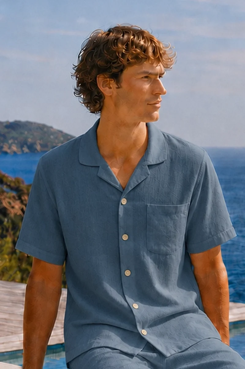 Camisa de pijama para hombre de manga corta en lino azul francés - Emanuel