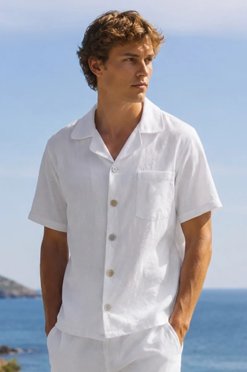 Camisa de pijama para hombre de manga corta en lino blanco óptico - Emanuel
