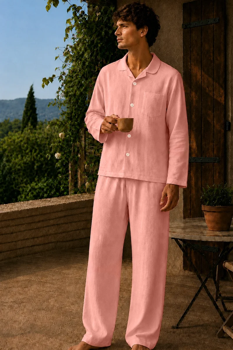Conjunto de pijama para hombre de manga larga en lino rosa - Diego