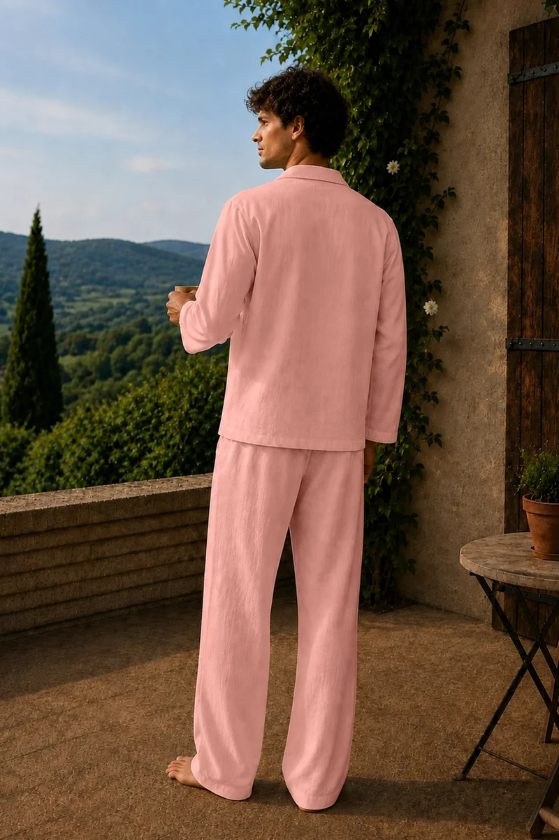 Conjunto de pijama para hombre de manga larga en lino rosa - Diego