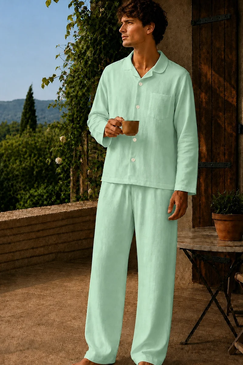 Conjunto de pijama para hombre de manga larga en lino verde menta - Diego