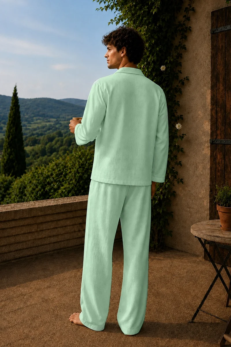 Conjunto de pijama para hombre de manga larga en lino verde menta - Diego