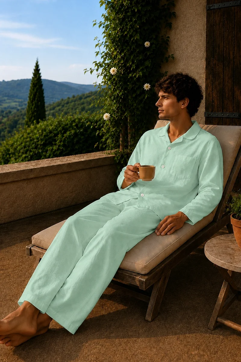 Conjunto de pijama para hombre de manga larga en lino verde menta - Diego