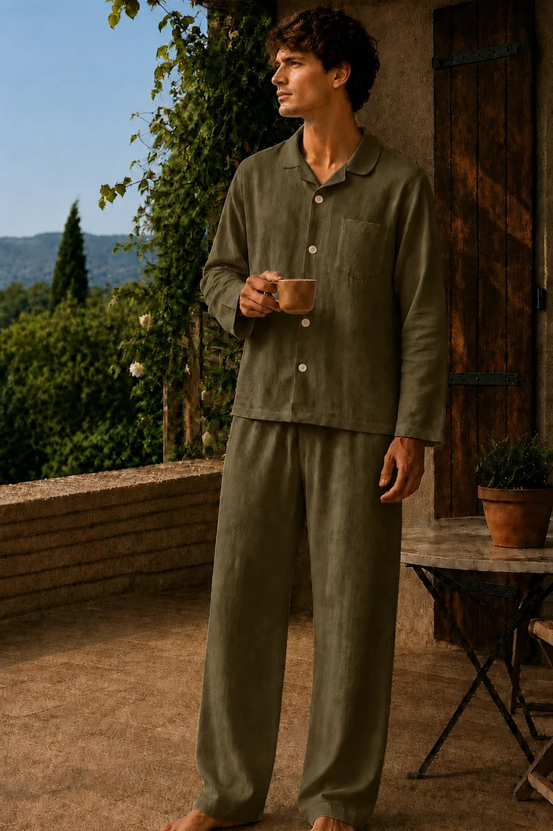 Conjunto de pijama para hombre de manga larga en lino verde oliva - Diego