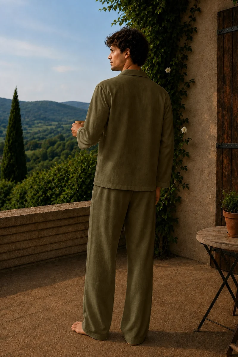 Conjunto de pijama para hombre de manga larga en lino verde oliva - Diego