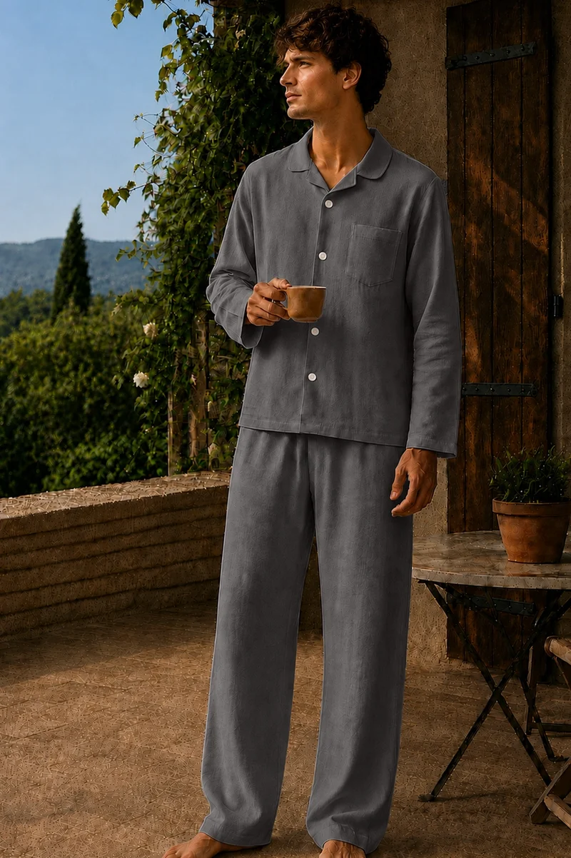 Conjunto de pijama para hombre de manga larga en lino gris plomo - Diego